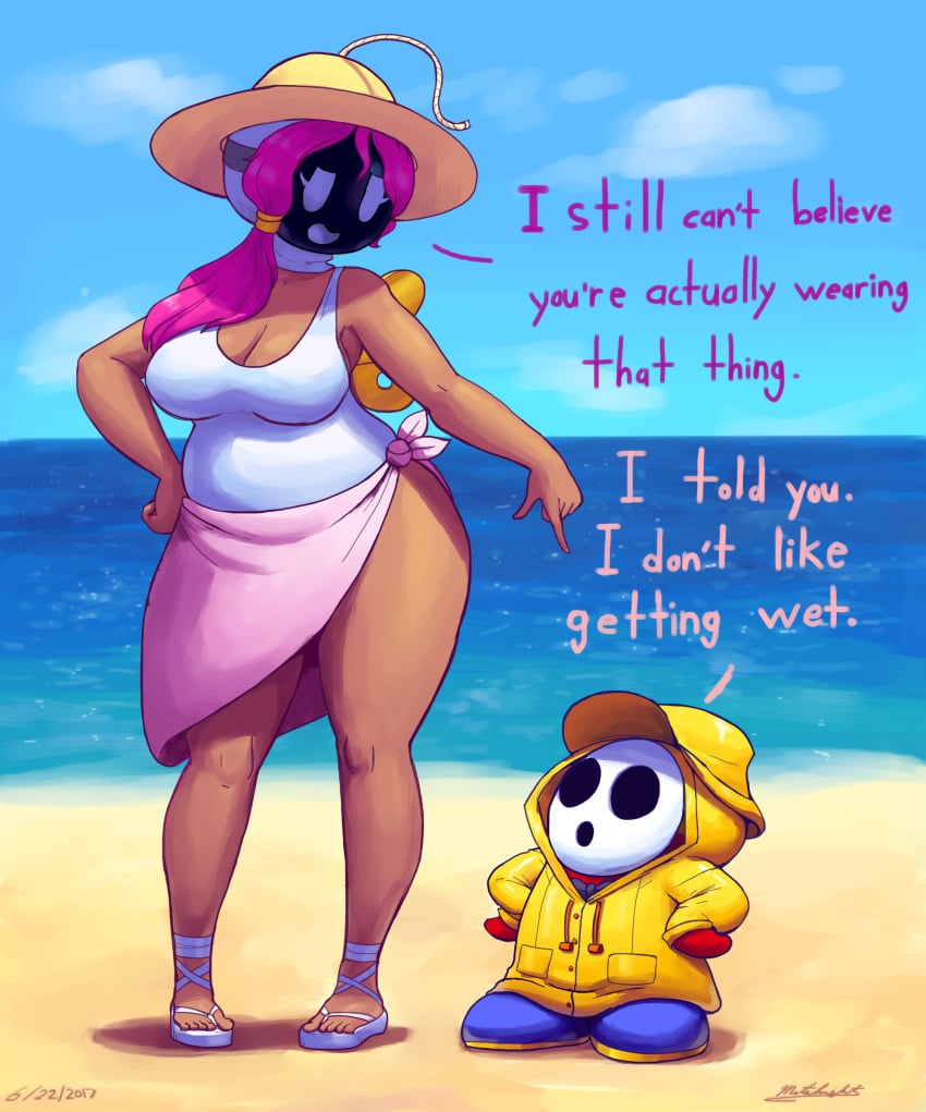 beach bob-omb brown_skin chubby female height_difference hood huge_breasts large_breasts male mario_(series) mataknight nintendo outta_sync pat(outta_sync) pink_hair raincoat sagging_breasts shy-bomb shy_gal shy_guy size_difference sunhat swimsuit thick_thighs wholesome wide_hips