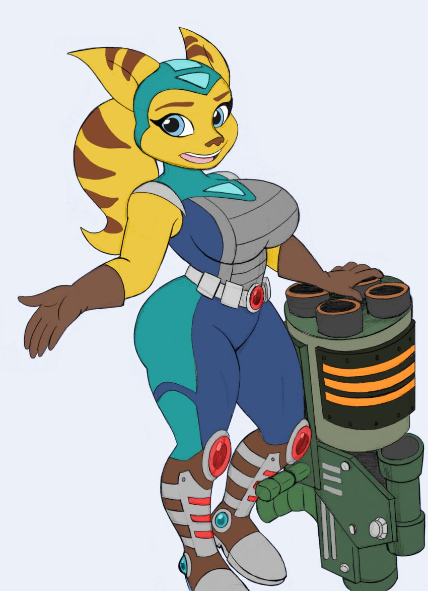 1girls alien_girl angela_cross anthro arched_back belt big_breasts blue_eyes boots breasts clothing color curvaceous curvy curvy_figure doodle feline female female_only fur furry gloves gun hands_up hips jumpsuit navel omegasunburst ponytail ratchet_and_clank sketch solo solo_female solo_focus stripes thick thick_thighs thighs voluptuous weapon wide_hips yellow_fur