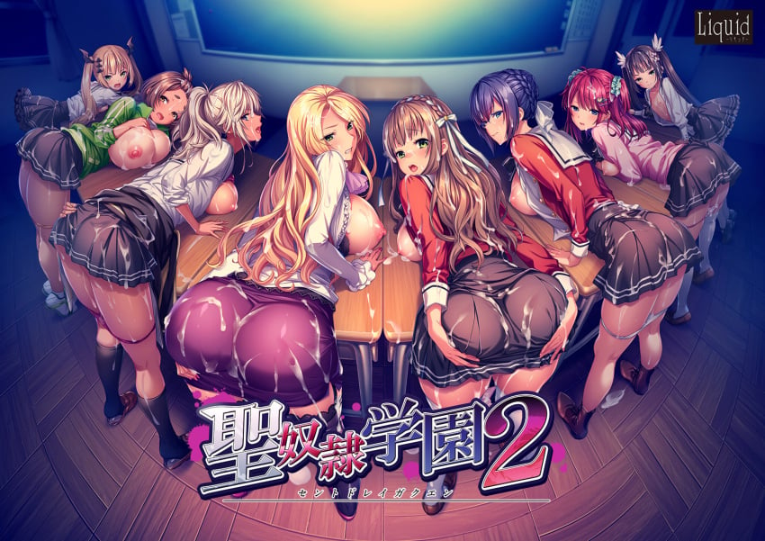 6+girls ass azuma_haruka azuma_komari azuma_suzuna_(game) bangs bent_over black_hair black_legwear blonde_hair blue_eyes blush braid breasts breasts_out brown_footwear brown_hair classroom crown_braid cum cum_on_body cum_on_clothes cum_on_hair desk facial fisheye flat_chest french_braid green_eyes grin hair_ornament hair_ribbon hairclip heel_raised highres huge_breasts indoors kneeling koorogi_maya kusakabe_tsugumi large_breasts light_brown_hair loafers logo long_hair long_sleeves looking_at_viewer looking_back multiple_girls natsuhiko nipples official_art on_desk open_mouth panties panty_pull pencil_skirt platinum_blonde_hair pleated_skirt ponytail red_hair ribbon rokudou_asami school_desk school_uniform sei_dorei_gakuen_2 shinjou_madoka shoes short_hair skirt smile thick_eyebrows thighhighs twintails underwear white_legwear wooden_floor yellow_eyes