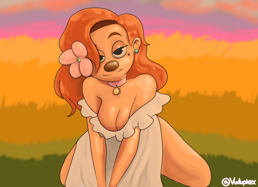 1girls a_goofy_movie accessory anthro beauty_mark breasts canid canine canis choker cleavage clothed clothing collar disney domestic_dog dream dress earrings female female_only flower flower_in_hair goof_troop hair hair_accessory hi_res kneeling long_hair looking_at_viewer mammal plant red_hair roxanne_(goof_troop) seductive seductive_look smile solo vuduplex