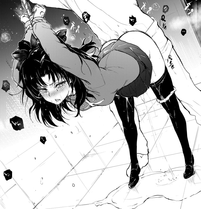 1boy 1girls absurdres ambiguous_penetration bdsm bent_over black_hair black_legwear blue_eyes bondage bound breasts clothed clothed_sex commentary_request crying crying_with_eyes_open doggy_style doggystyle fate/stay_night fate_(series) fringe from_behind from_behind_position greyscale hetero highres kyokucho long_hair medium_breasts monochrome pale-skinned_female panties panties_around_one_leg peeing peeing_on_floor peeing_while_penetrated petite pleated_skirt pussy pussy_juice pussy_juice_drip pussy_juice_puddle pussy_juice_stain rape rope rope_bondage saliva sex sex_from_behind sex_in_skirt skirt sloppy spread_legs standing standing_pee stockings streaming_tears sweater tears teenager thighhighs tied_up tiptoes tohsaka_rin twintails two_side_up underwear urinating urinating_female urination urine urine_pool urine_stream vaginal_penetration wet wet_clothes wet_panties wet_pussy