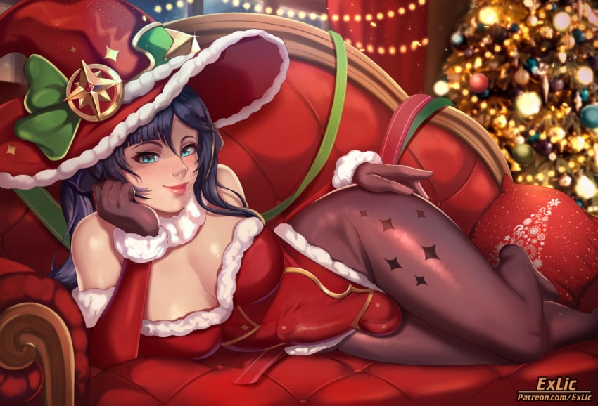 aqua_eyes black_hair blush breasts bulge christmas cleavage couch covered_nipples detached_sleeves erection erection_under_clothes exlic feet_out_of_frame female fur_collar fur_trim futanari genshin_impact gloves hat indoors large_breasts leotard lips long_hair lying mona_(genshin_impact) on_side pantyhose patreon_username pillow red_headwear red_leotard santa_leotard smile solo testicles_under_clothes window witch_hat