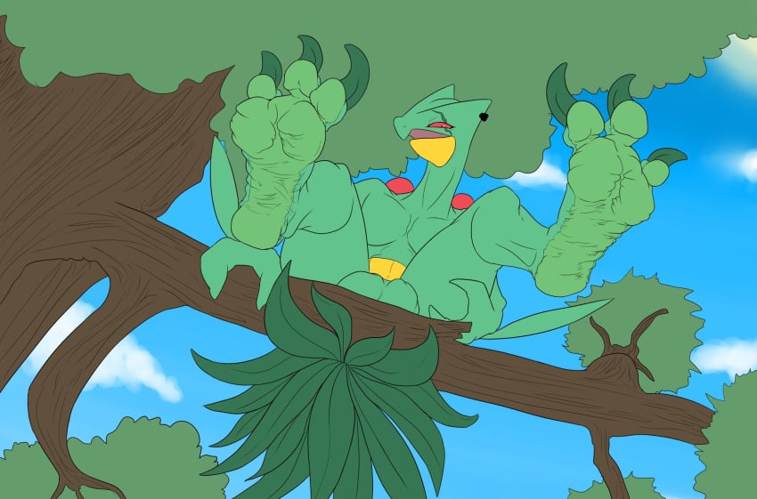 2020 3_toes 44vex anthro balls barefoot foot_focus genitals green_body hi_res in_tree looking_at_viewer looking_down low-angle_view male male_only nintendo nude outside plant pokémon_(species) pokemon pokemon_(species) pupils red_sclera sceptile sitting sitting_in_tree slit_pupils toes tree vex_(44vex) video_games wrinkled_feet wrinkled_soles