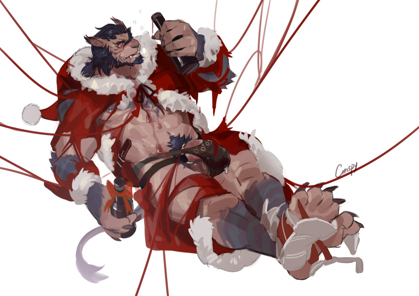 1boy 2020 abs absurd_res accessory alcohol anthro balls beard beverage biceps black_hair blush bodily_fluids bottle brown_body brown_fur christmas christmas_clothing christmas_headwear claws clothed clothing cock_ring costume crrispy_shark drinking drunk drunk_bubbles facial_hair fangs feet felid final_fantasy final_fantasy_xiv finger_claws fur genital_fluids genitals hair hat headgear headwear hi_res holding_bottle holding_object holidays hrothgar jewelry magnus_(ffxiv) male male_only mammal muscular muscular_anthro muscular_male open_mouth penis penis_accessory penis_jewelry precum precum_drip precum_through_clothing pubes quads reclining santa_costume santa_hat santa_suit sharp_teeth simple_background skimpy solo spilled_drink square_enix substance_intoxication teeth toe_claws torn_clothing triceps underwear video_games wardrobe_malfunction wet wet_clothing white_background