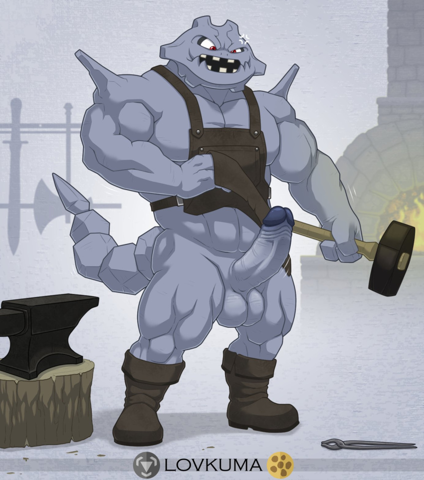 2021 abs angry annoyed anthro anthro_only anthrofied anvil apron apron_lift apron_only arm_spikes axe balls barazoku biceps big_balls big_muscles big_penis biped blacksmith broadsword chimney clothed clothing clothing_lift cross-popping_vein erection forge_(hearth) furnace genitals grey_background grey_body grey_skin hammer hi_res humanoid_genitalia humanoid_penis long_penis long_tail lovkuma male male_only melee_weapon metallic_body mostly_nude muscular muscular_anthro muscular_male nintendo oven penis pokémon_(species) pokémorph pokemon red_eyes reptile scalie shoulder_spikes signature simple_background sledgehammer snake solo spikes spikes_(anatomy) steelix sword teeth teeth_gap testicles text thick_thighs tongs tools triceps video_games weapon weapon_rack white_sclerea workshop