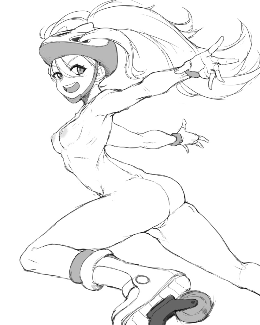 ass breasts cleanerjay color_request female fingernails greyscale hair_between_eyes hair_through_headwear helmet highres korrina_(pokemon) long_hair looking_at_viewer monochrome navel nipples nude open_mouth pokemon pokemon_xy roller_skates simple_background skates sketch smile solo tongue upper_teeth wristband