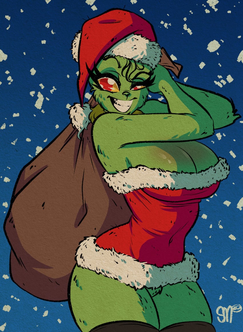 1girls anthro artist_name bottomless busty christmas cleavage curvy dr_seuss furry genderswap_(mtf) green_fur green_hair holidays how_the_grinch_stole_christmas huge_breasts humanoid large_breasts looking_at_viewer lower_body no_bra no_panties orange_eyes red_eyes rule_63 sack santa_costume santa_hat sgtmadness smiling snow solo_focus the_grinch the_grinchess upper_body voluptuous watermark