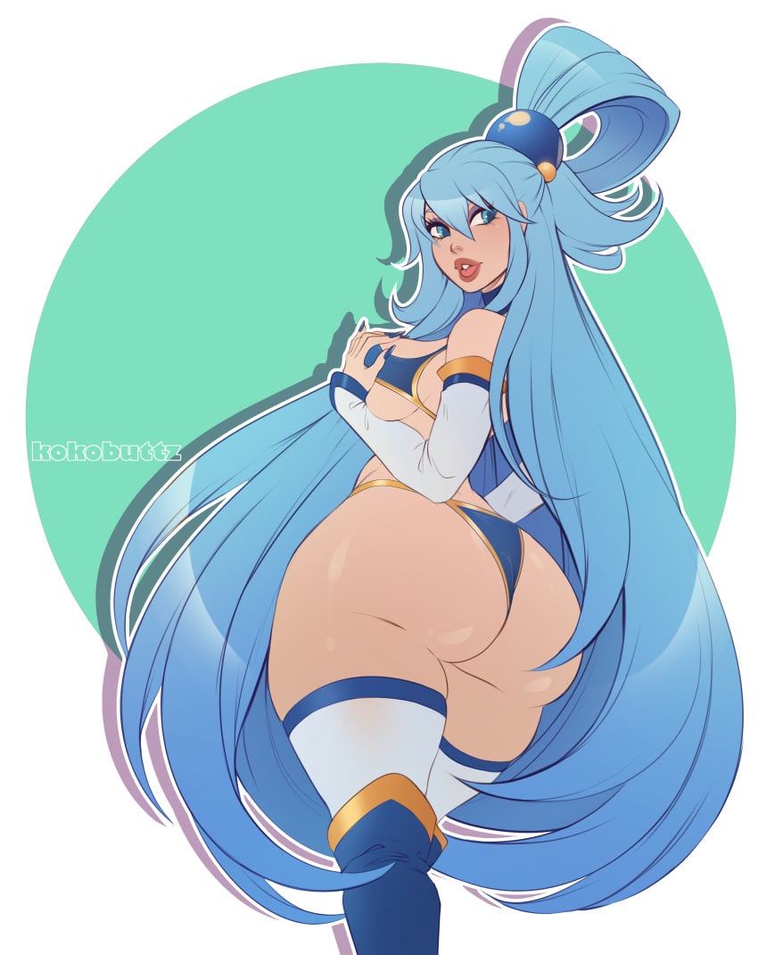 aqua_(konosuba) big_ass big_butt big_lips bikini blue_hair boots female heel_boots kokobuttz kono_subarashii_sekai_ni_shukufuku_wo! red_lips solo swimsuit tagme thigh_boots thighhigh_boots