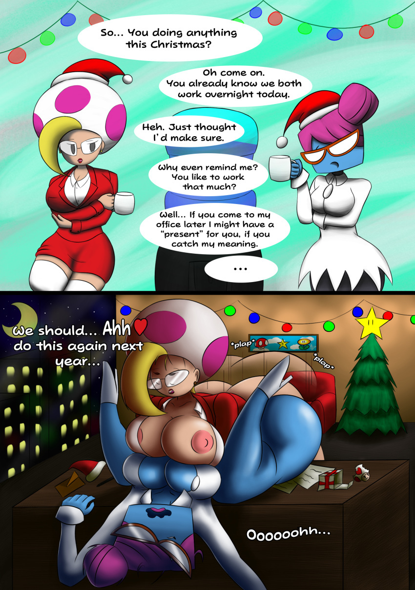 2koma areolae ass blonde_hair blue_skin breasts christmas female_only glasses jolene_(paper_mario) large_breasts lipstick mario_(series) mushroom nastasia nintendo office_lady paper_mario paper_mario:_the_thousand-year_door pink_hair santa_hat skirt super_paper_mario supermoonshroom text thick_thighs thighs wide_hips