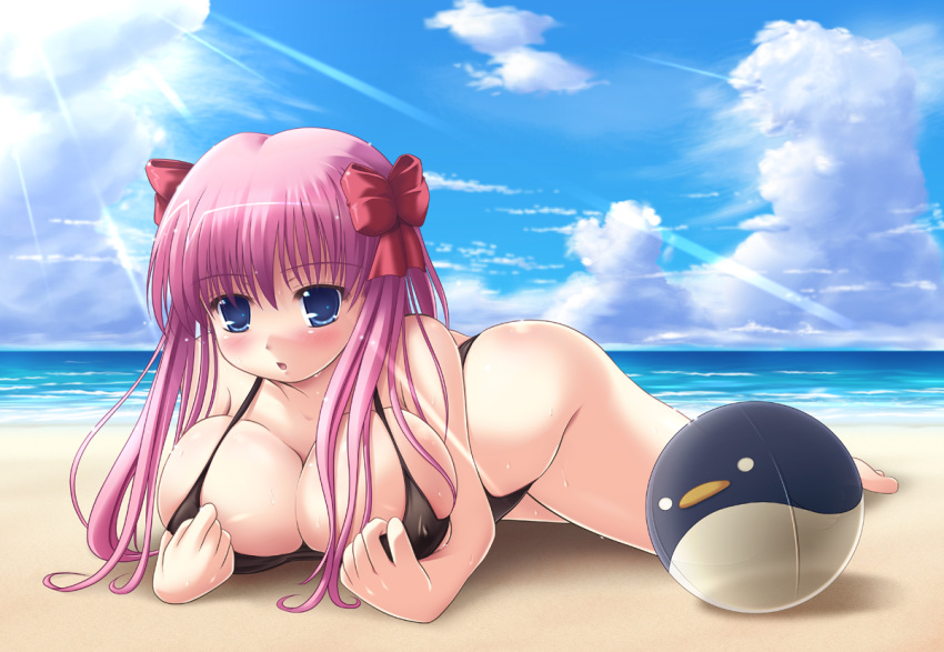 barefoot beach beach_ball blue_eyes blush breast_press breasts cloud etopen hair_ribbon haramura_nodoka huge_breasts pink_hair ribbon saki sky sunbeam sunlight swimsuit takamu