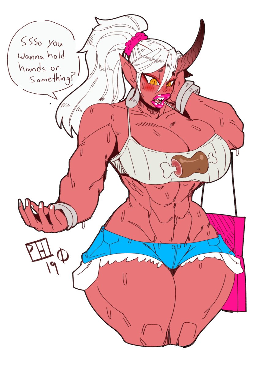 abs big_breasts big_lips bimbo_lips bimbophi blushing cleavage daisy_dukes gentle_mommy halter_top hoop_earring horn hourglass_figure huge_breasts huge_muscles muscular_bimbo muscular_female oni ponytail red_skin shy tagme white_hair wholesome wide_hips