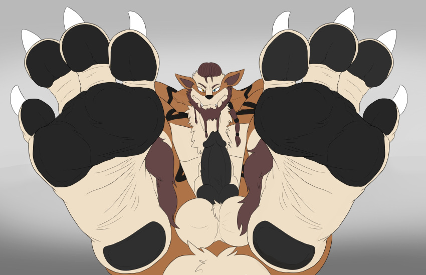 1boy 2020 44vex 4_toes animal_genitalia animal_penis anthro arcanine balls bara big_balls black_markings black_pawpads black_penis brown_body brown_fur canid canine_penis claws feet flat_colors foot_fetish foot_focus fur genitals gradient_background hands_behind_head heterochromia hi_res humanoid_feet looking_at_viewer male male_only mammal markings nintendo nukacloud pawpads penis pokemon pokemon_(species) simple_background solo tan_balls toes video_games white_claws wrinkled_feet