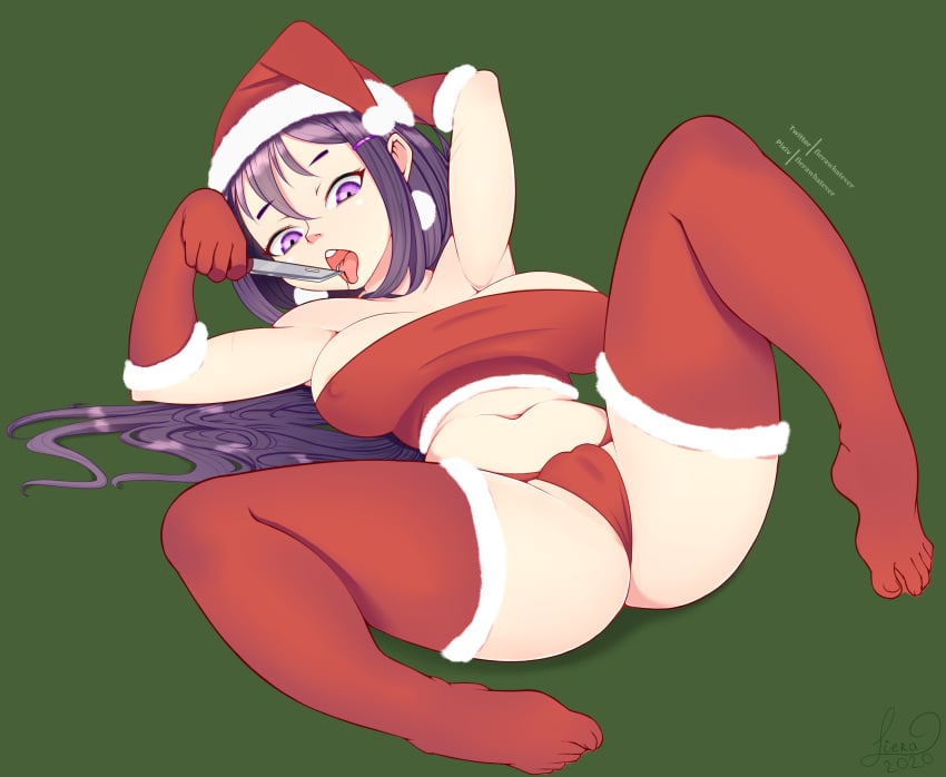 1girls bikini bleeding blood christmas doki_doki_literature_club fiera_(artist) hair_ornament huge_breasts knife purple_eyes purple_hair santa_hat solo spread_legs spreading stockings watermark yuri_(doki_doki_literature_club)