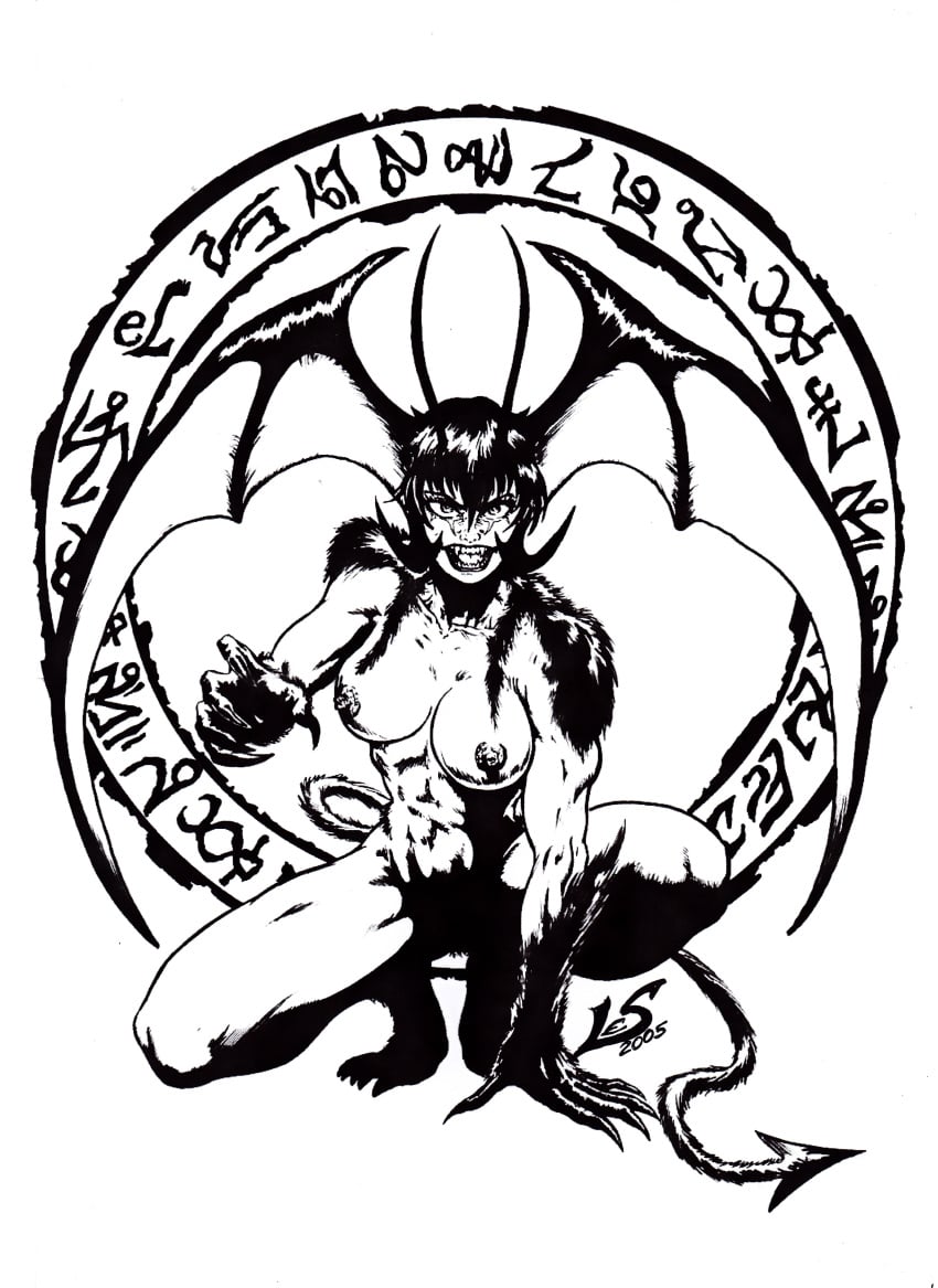 1girls 2005 antennae aurelio_lecis black_fur black_hair breasts demon_girl demon_tail demon_wings devilman devilman_lady fangs female head_wings jun_fudo large_breasts monochrome nipples nude nude_female sharp_claws short_hair solo squatting white_background