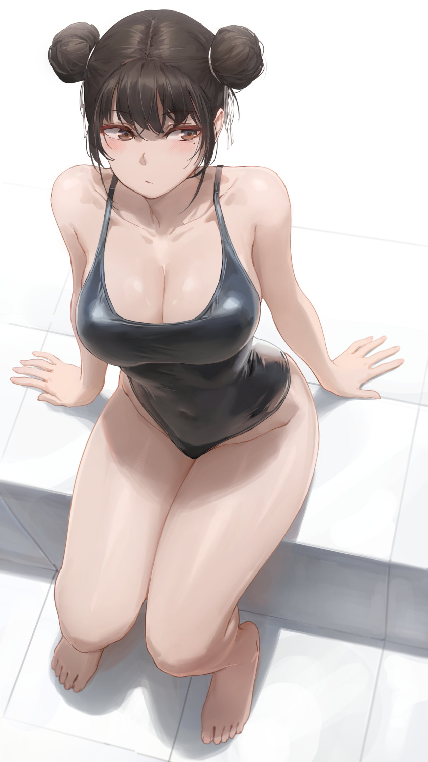 1girls absurdres bangs bare_legs big_breasts blunt_bangs breasts brown_hair buns cleavage collarbone female female_only fun_buns hair_buns highres hips huge_breasts large_breasts one-piece_swimsuit original sitting solo swimsuit tight_clothing viewed_from_above wide_hips yohan1754