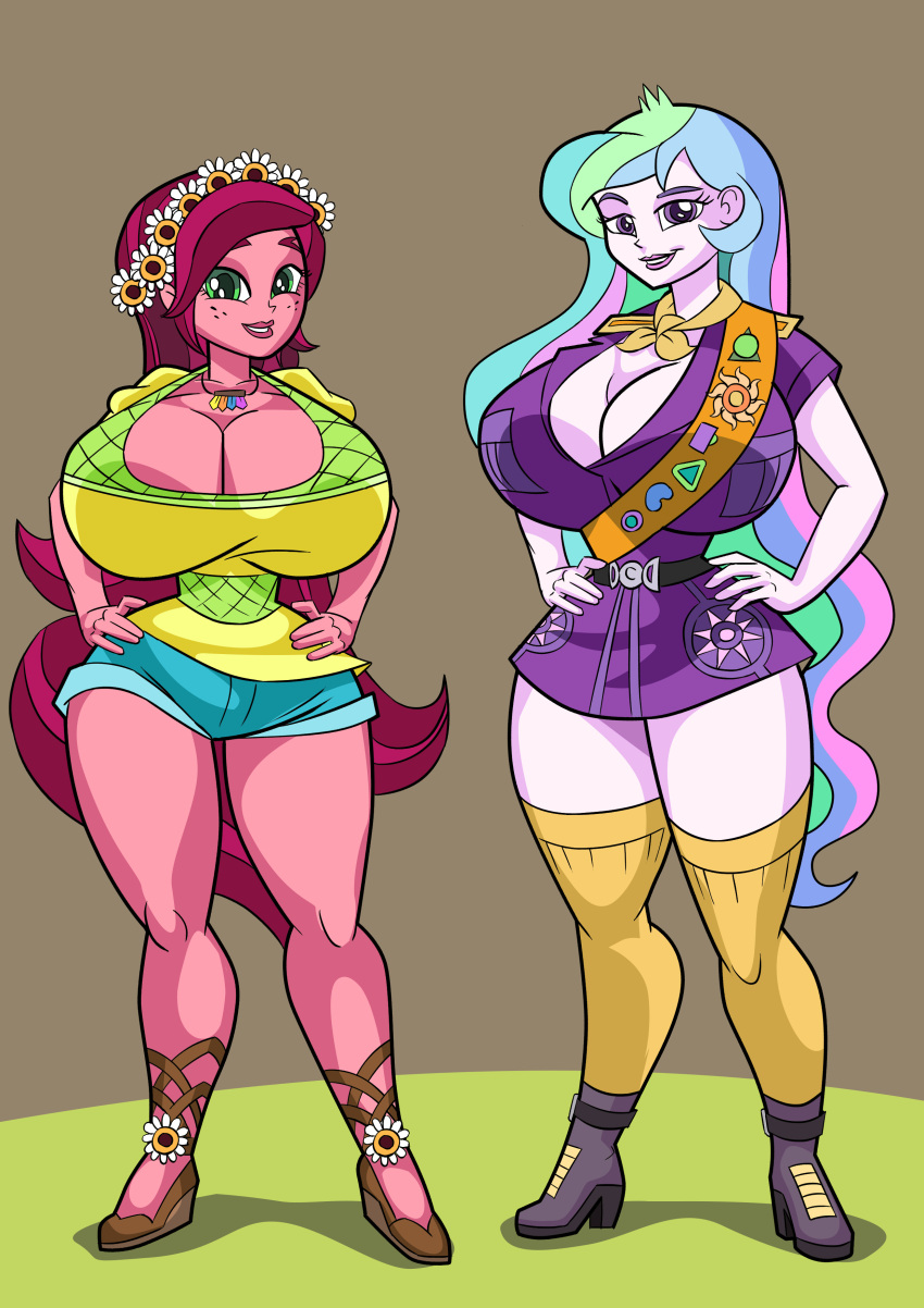 2girls art-2u big_breasts blue_hair breasts busty cleavage clothing curvy equestria_girls female female_only floral_head_wreath flower flower_crown flower_in_hair freckles friendship_is_magic gloriosa_daisy_(eg) green_eyes green_hair hands_on_hips hasbro headgear hi_res highres hourglass_figure huge_breasts large_breasts legend_of_everfree lips long_hair looking_at_viewer multicolored_hair my_little_pony necklace pink_hair pink_skin pose posing princess_celestia_(mlp) principal_celestia purple_eyes scout_uniform shoes shorts skirt thick_thighs thighs voluptuous wasp_waist white_skin wide_hips