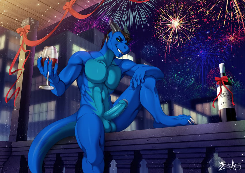 alcohol anthro balcony balls beverage big_penis brown_hair building city cityscape claws dragon fireworks foreskin genitals green_sclera grey_horn grin hair hazakyaracely hi_res holidays humanoid_genitalia humanoid_penis looking_at_viewer male multicolored_body muscular muscular_anthro muscular_male new_year night nude outside penis railing reptile ribbons scalie smile solo two_tone_body uncut vein white_claws wine wine_glass xanderg