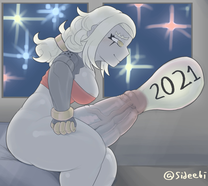 1futa 2020 big_balls big_breasts blonde_hair condom condom_balloon cum cumshot excessive_cum fireworks futa_only futanari grey_skin hyper_penis kasey_(sideebi) new_year oc original_character partially_clothed robot robot_girl sideebi solo_futa