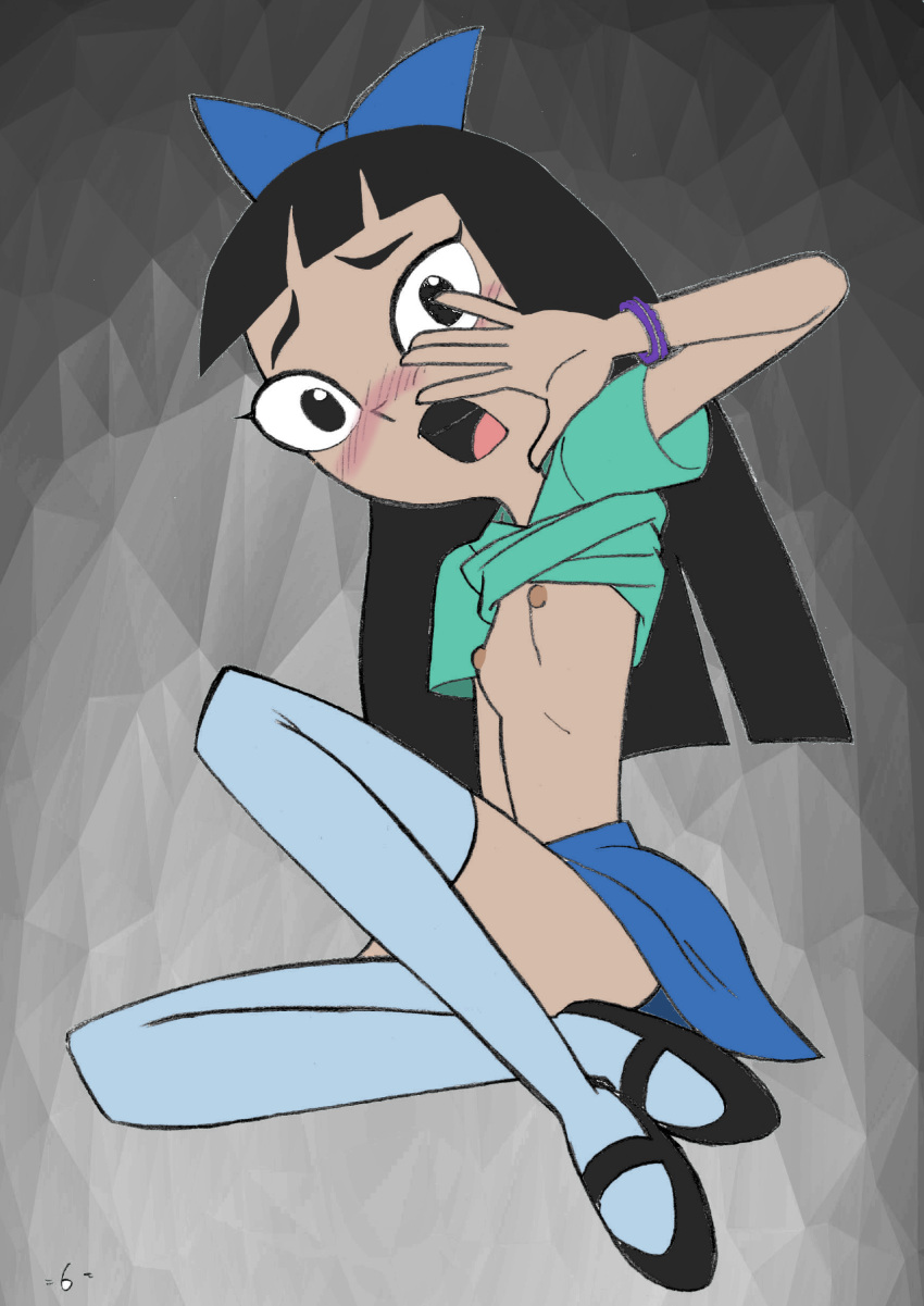 1girls artist_request black_hair blush breasts dark_hair disney disney_channel female krimreaper legwear light-skinned_female light_skin long_black_hair long_hair open_mouth perky_breasts phineas_and_ferb recolor shirt_up slender_legs small_ass small_breasts socks solo stacy_hirano stockings straight_hair thighhighs thighs