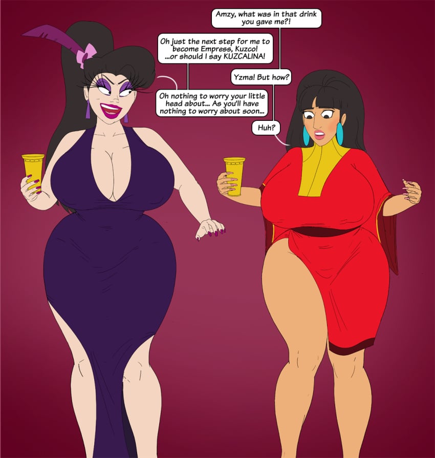 2girls bimbo bimbofication black_hair breasts busty chalice cleavage clothing cup_in_hand disney disney_villains dress evil_grin eyelashes eyeshadow gender_transformation genderswap genderswap_(mtf) huge_breasts kuzco latina lipstick makeup peruvian_female rule_63 saturnxart shocked_expression simple_background the_emperor's_new_groove villain voluptuous yzma