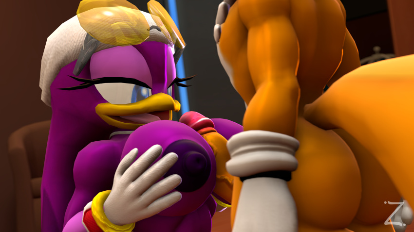 3d anthro ass avian balls blue_eyes breasts duo eyelashes female fox glasses half-closed_eyes hat male nipples orange_body paizuri penis purple_body smile sonic_(series) sonic_riders swallow_(bird) tails titjob wave_the_swallow zeniix98