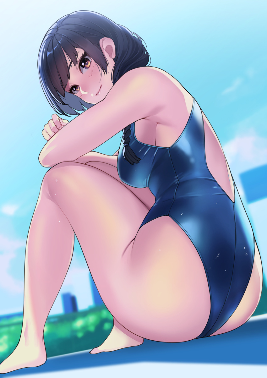 1girls absurdres barefoot black_hair blush braid breasts brown_eyes crossed_arms female female_only highres kagematsuri knees_up large_breasts light_smile looking_at_viewer looking_back one-piece_swimsuit original outdoors sideboob sitting sky solo solo_female swimsuit thighs tsurime wet