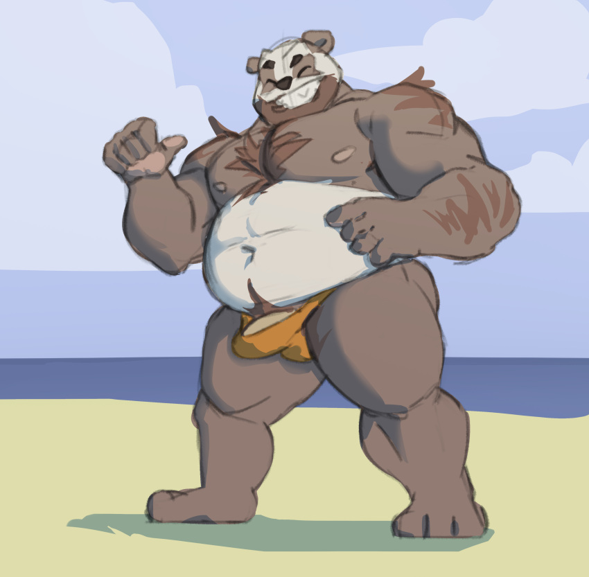 1boy 2020 absurd_res anthro arm_tuft beach beachside belly body_hair bulge chest_hair closed_eyes clothed clothing erection erection_under_clothing genitals giant_panda hi_res male male_only mammal musclegut muscular muscular_anthro muscular_male navel nipples open_mouth open_smile outside penis pubes seaside shoulder_tuft smile solo standing teeth thong tuft underwear ursid vincethetiger