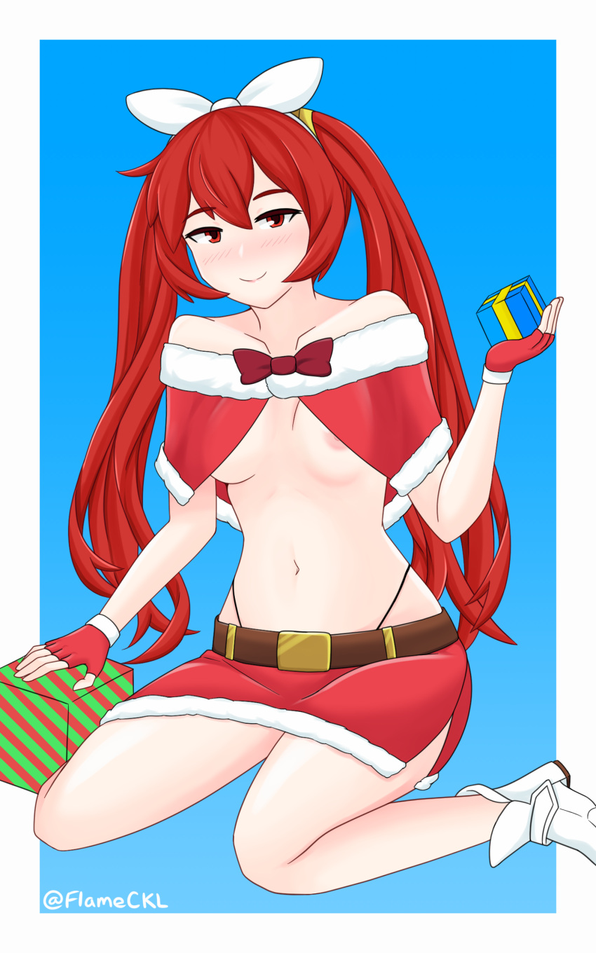 1girls alternate_costume bare_legs bare_midriff capelet christmas female female_only fingerless_gloves fire_emblem fire_emblem_awakening flameckl gift gloves light_blush looking_at_viewer medium_breasts nintendo nipples red_eyes red_hair santa_bikini santa_costume severa_(fire_emblem) skirt small_breasts smile solo solo_female twintails underboob