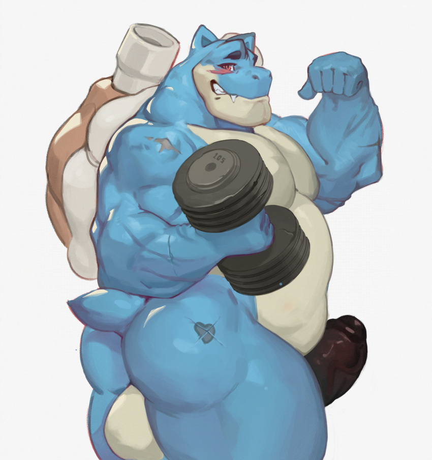 1boy 2020 absurd_res anthro ass backsack balls bara belly blastoise dumbbell erection exercise flexing genitals hi_res humanoid_genitalia humanoid_penis looking_at_viewer male male_only moobs musclegut muscular muscular_anthro muscular_male nintendo nude penis pokémon_(species) pokemon scalie shell simple_background smile solo standing video_games vincethetiger weightlifting weights white_background workout