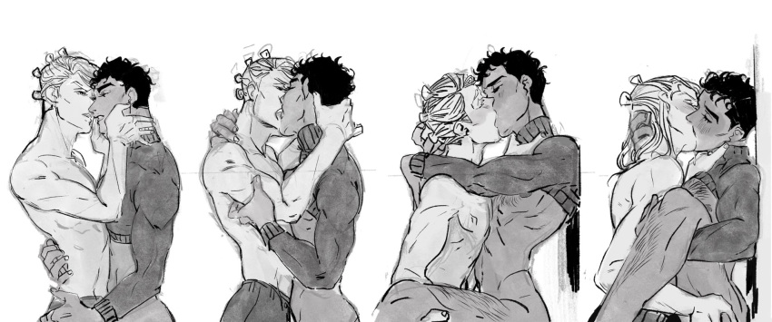 2boys against_wall alternate_hairstyle ass_grab blush bottomless chest_hair crop_top curly_hair drooling exposed_nipples french_kiss gay guido_mista hairy holding_leg jojo's_bizarre_adventure kissing leg_hair leg_up making_out male male_only partially_clothed prosciutto robobesito saliva shirt_lift standing_on_one_leg tan toned toned_male topless vento_aureo yaoi