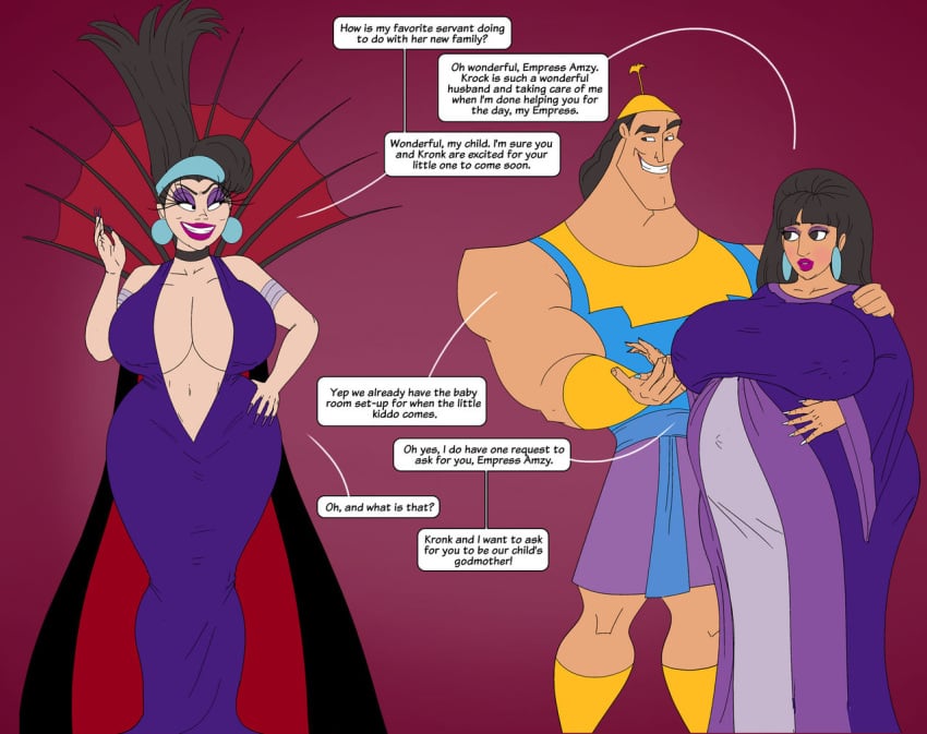 1boy 2girls age_regression aged_down bimbo bimbofication clothing dialogue disney disney_villains dress empress evil_grin eyeshadow gender_transformation genderswap genderswap_(mtf) huge_breasts kronk kuzco latina latino lipstick makeup married_couple peruvian_female peruvian_male pregnant rule_63 saturnxart simple_background the_emperor's_new_groove yzma