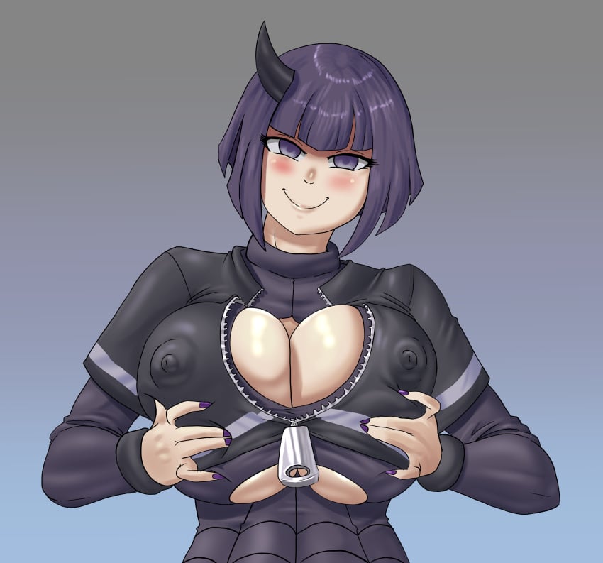 big_breasts blush breast_squeeze hirakiart kriselm nail_polish purple_clothing purple_eyes purple_hair