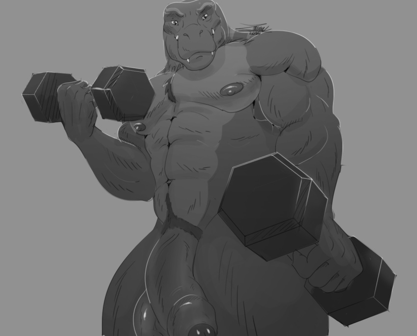 2020 abs anthro balls bicep_curl big_penis dinosaur dumbbell exercise foreskin genitals greyscale humanoid humanoid_genitalia humanoid_penis kesh_(fizzshire) lifting_weight looking_at_viewer male male_only monochrome muscular muscular_arms muscular_humanoid muscular_male partially_retracted_foreskin pecs penis reptile scalie signature solo solo_male theropod tyrannosaurid tyrannosaurus tyrannosaurus_rex uncut weightlifting weights workout zawn