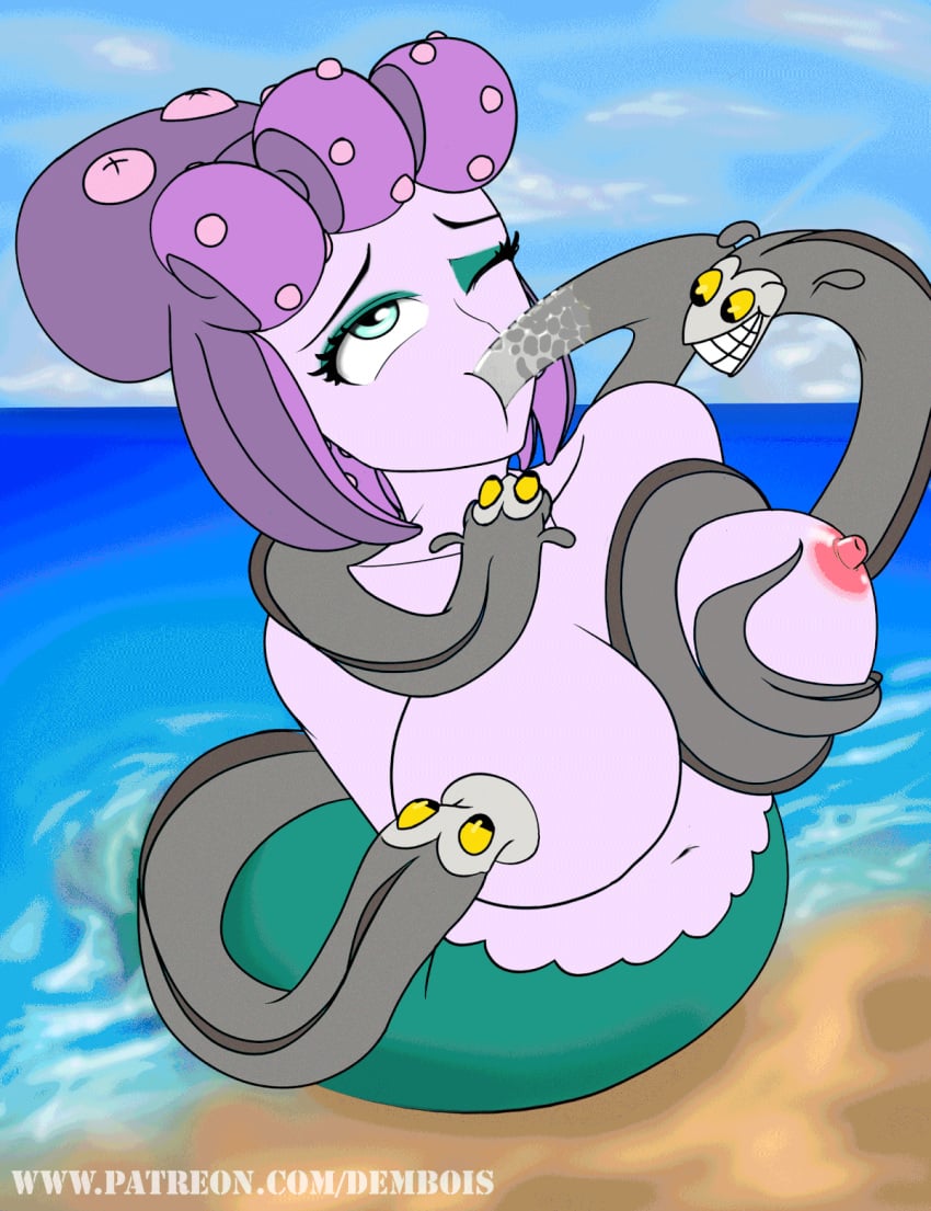 1girls animal animated big_breasts cala_maria cuphead_(game) dembois eel fellatio_gesture female female_focus fish mouth_insertion nydux oral oral_sex sucking_nipples