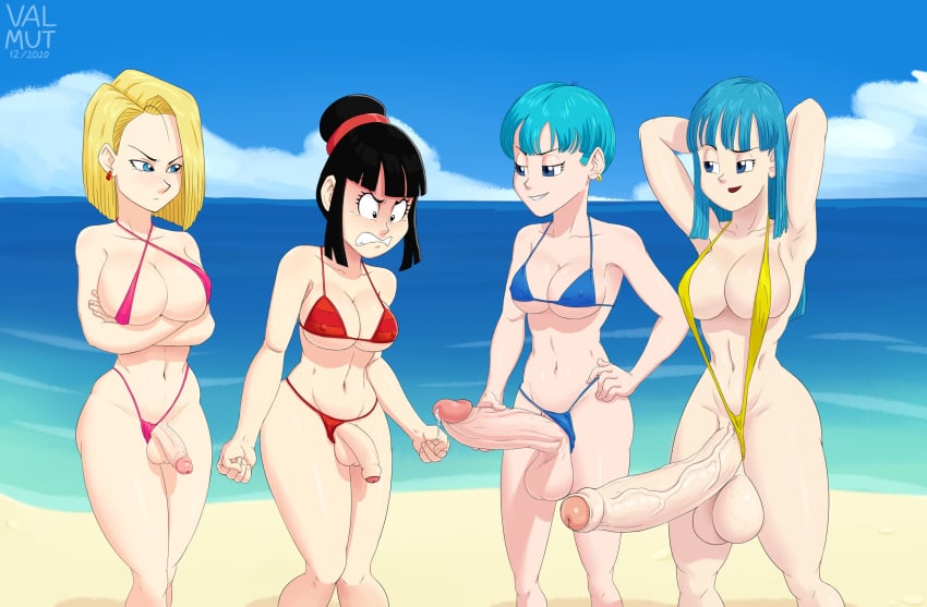 4futas android_18 angry angry_futanari areolae arms_crossed ass beach beachside big_balls big_breasts big_penis breasts bulma_briefs chichi clenched_hands comparing_penis dragon_ball dragon_ball_z foreskin futa_only futanari hands_on_penis huge_balls huge_breasts huge_cock huge_penis huge_testicles humiliated humiliation irritated jealous looking_at_another looking_at_penis looking_down maron milf penis_envy posing size_comparison size_difference sling_bikini small_penis_humiliation smiling smug swimsuit testicles upset valmut vein veiny_penis