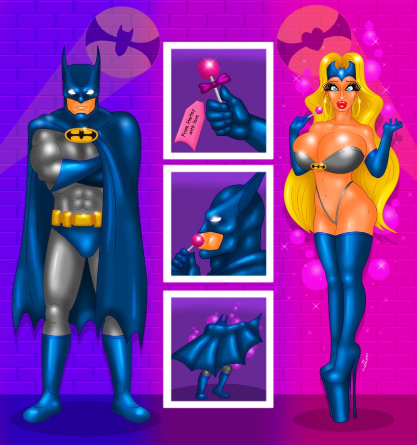 bat batman big_breasts big_eyelashes big_lips bimbo bimbofication blonde_hair bruce_wayne commission dc dc_comics deviantart earrings fredrichi69 gender_transformation gloves high_heels lolipop male_to_female micro_thong mtf_transformation rule_63 transformation