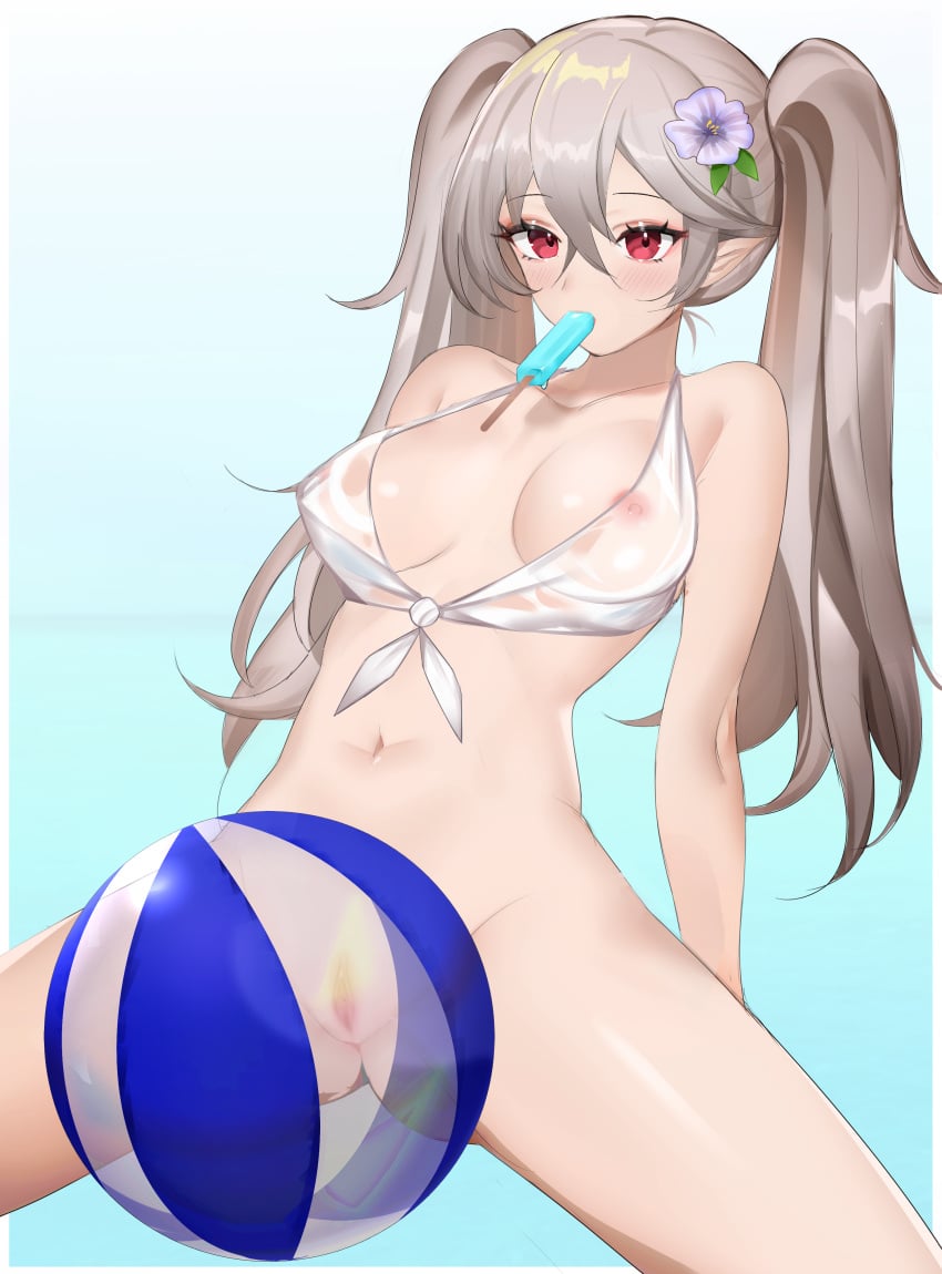 1girls absurdres alternate_hairstyle arm_support ball beach_ball beachball big_breasts bottomless breasts collarbone corrin_(fire_emblem) corrin_(fire_emblem)_(female) crop_top ei1han eyebrows_visible_through_hair female fire_emblem fire_emblem_fates flower food food_in_mouth grey_hair hair_flower hair_ornament highres light_blush long_hair looking_at_viewer medium_breasts navel nintendo nipples pointy_ears popsicle purple_flower pussy red_eyes see-through_shirt see_through shirt simple_background sitting solo spread_legs tagme tied_shirt twintails uncensored useless_censoring wet wet_clothes wet_shirt white_hair yoru_(yowuyoru)