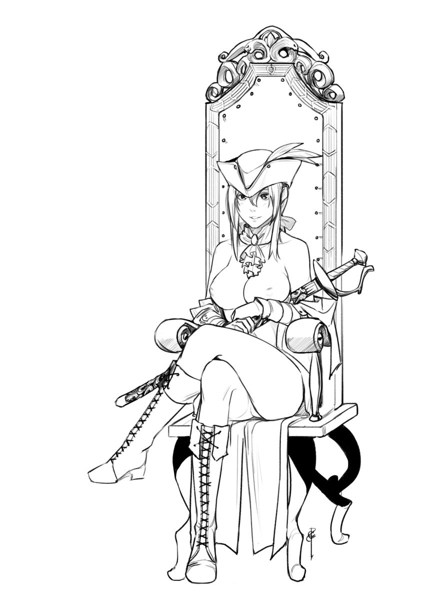 bloodborne boots chair exposed_breasts fromsoftware haohi_oterin holding_weapon lady_maria_of_the_astral_clocktower legs_crossed monochrome sitting tricorne_hat