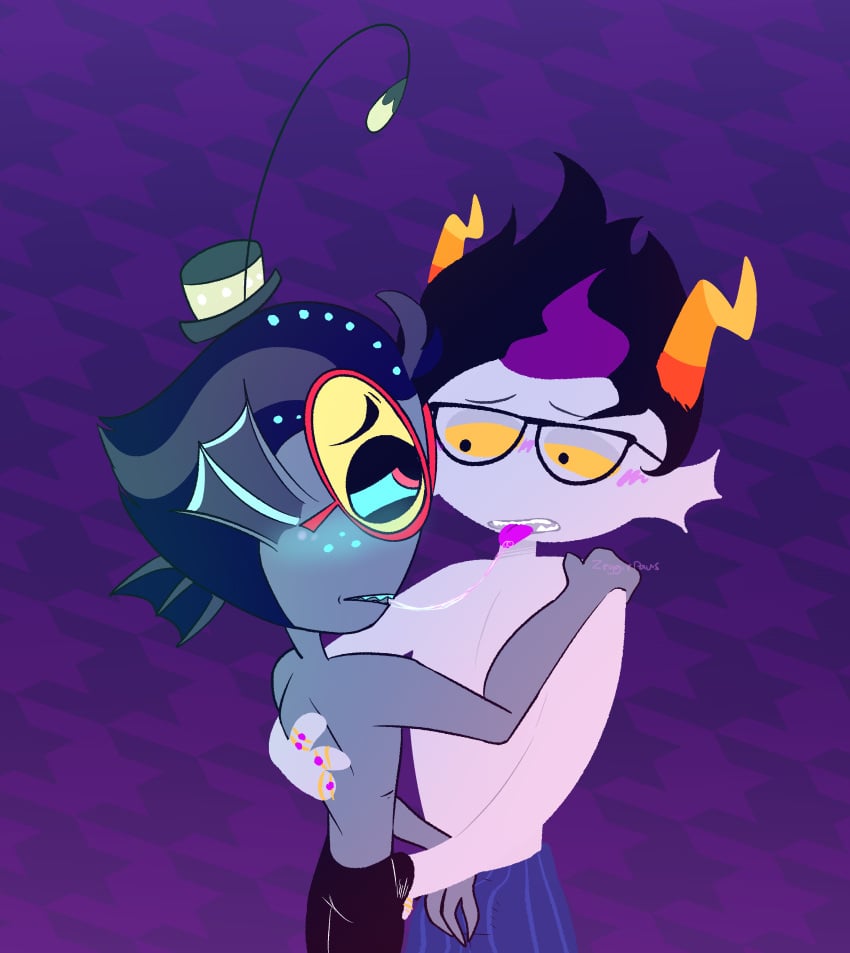 2boys baxter_(hazbin_hotel) black_hair blue_hair blush bulge demon eridan_ampora fins fish glasses grey_highlights grey_skin hat hazbin_hotel hi_res homestuck horns kissing male male_only ms_paint_adventures purple_background purple_highlights red_eyes rings sharp_teeth short_hair smooth_skin tongue tongue_out troll underwear underwear_only vivienne_medrano x-ray yaoi yellow_eyes zeggiepaws