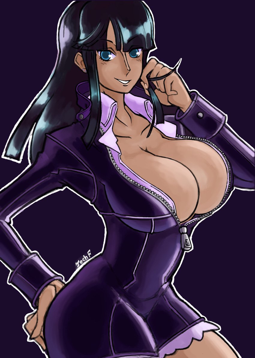 1girls bangs big_breasts black_clothing black_hair blue_eyes blunt_bangs breasts cleavage clothed clothing covered_nipples cowboy_shot dress female female_only hand_on_ass hand_on_butt hand_on_hip hand_on_own_ass highres hourglass_figure huge_breasts human human_only latex_dress leather_minidress long_hair looking_at_viewer nico_robin one_piece outline partially_unzipped playing_with_hair pre-timeskip purple_background shiny_clothes shiny_hair short_dress signature simple_background smile smiling smiling_at_viewer solo solo_female solo_focus standing tecfuzz thick_thighs tight_clothes tight_clothing toned toned_body toned_female water_7 white_outline zipper zipper_pull_tab