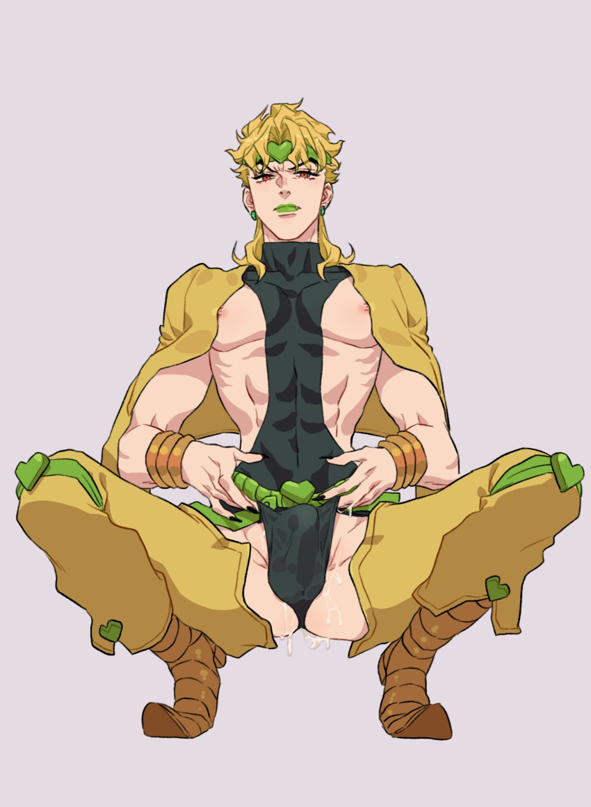 1boy abs blonde_hair bodysuit cum cum_drip dio_brando earrings erect_nipples erection erection_under_clothes facing_viewer green_lipstick honlos jojo's_bizarre_adventure leaking_cum leotard leotard_pull male_only muscular muscular_male partially_clothed pecs presenting red_eyes solo_male squatting stardust_crusaders thong_leotard toned toned_male