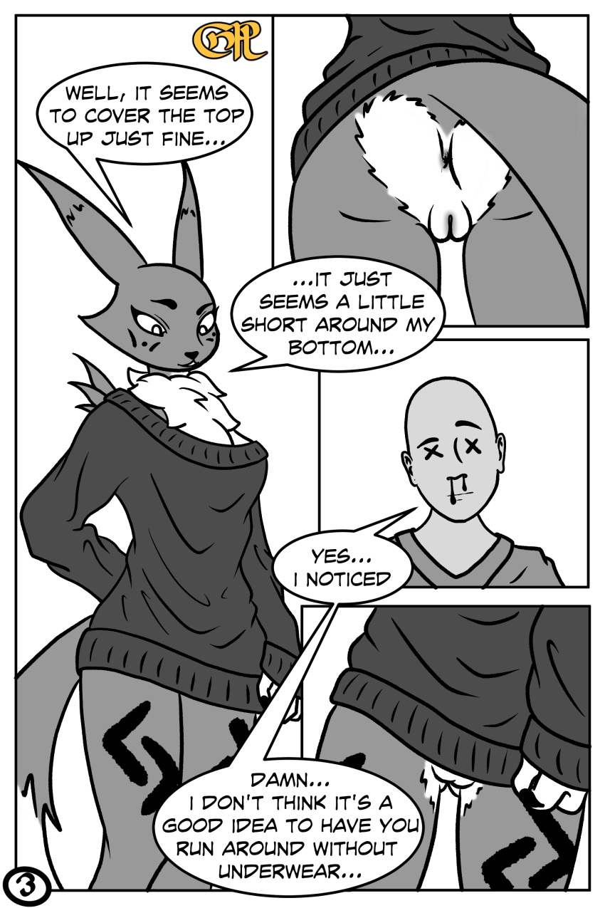 2:3 absurd_res anthro blood bodily_fluids canid clothed clothing comic couldnotparseline digimon digimon_(species) duo english_text female genitals hi_res human low-angle_view male mammal nosebleed oversized_sweater pussy renamon speech_bubble straight text upskirt