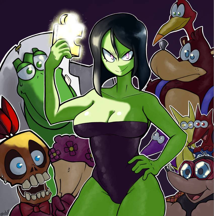 1girls anthro avian backpack bag bangs banjo-kazooie banjo_(banjo-kazooie) bear bird black_hair blue_eyes bottles_(banjo-kazooie) bouquet breasts cleavage collarbone corset cowboy_shot curvy eyelashes female flower front_view game_over_gruntilda glasses glowing green_eyes green_skin gruntilda hair_between_eyes hand_on_hip highres holding_object jiggy jinjo kazooie klungo_(banjo-kazooie) large_breasts looking_at_viewer male mumbo_jumbo_(banjo_kazooie) open_mouth open_smile outline purple_background shiny_hair shiny_skin signature simple_background smile smirk smug staring sweat tecfuzz thick_thighs ursine white_outline wide-eyed