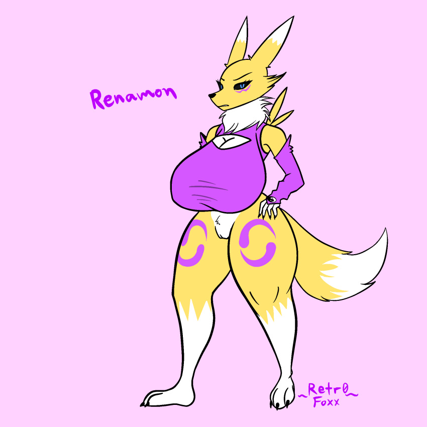 1:1 anthro armwear big_breasts black_sclera blue_eyes bottomless breasts cleavage_cutout clothed clothing digimon digimon_(species) eyebrows female fingers genitals hi_res looking_at_viewer pussy renamon retr0foxx solo