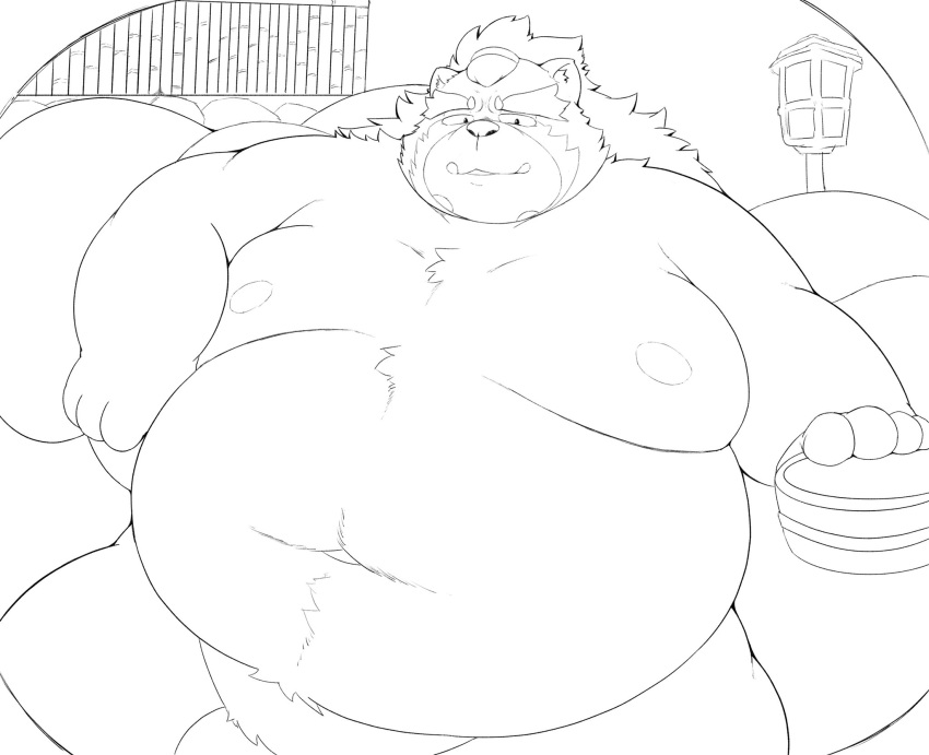 2021 anthro balls belly canid canine genitals goemon_(tas) hi_res kemono kwzu male mammal monochrome moobs nipples obese overweight overweight_male raccoon_dog solo tanuki tokyo_afterschool_summoners video_games