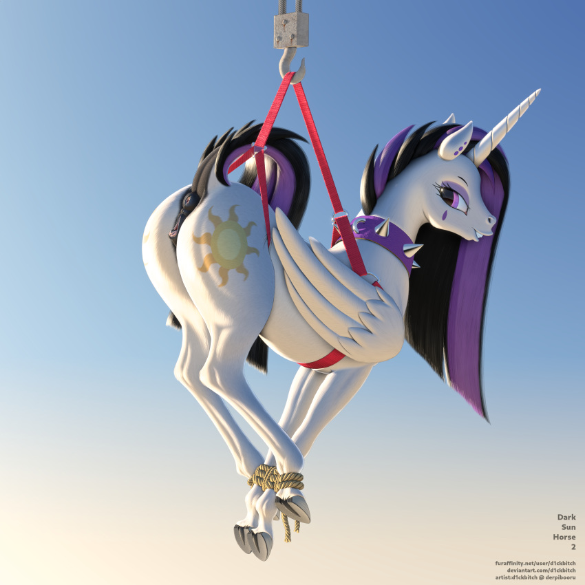 1:1 absurd_res alicorn animal_genitalia animal_pussy anus ass caelacanthe clitoris collar dock english_text equid equine_pussy eyebrows eyelashes female feral friendship_is_magic genitals hasbro hi_res horn looking_at_viewer mammal my_little_pony princess_celestia_(mlp) profanity pussy rope spiked_collar spikes suspension text url wings