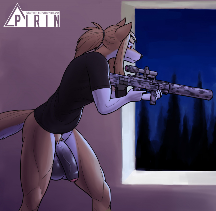 1futa anthro balls big_balls big_penis bottomless bottomless_futanari breasts canid canine canis clothing domestic_dog flaccid foreskin fur futanari genitals gun gynomorph hair hi_res holding_gun holding_object holding_weapon humanoid_genitalia humanoid_penis intersex jina_choi mammal muscular muscular_anthro muscular_gynomorph muscular_intersex partially_retracted_foreskin penis pirin-apex ranged_weapon red_eyes shirt solo standing topwear uncut weapon