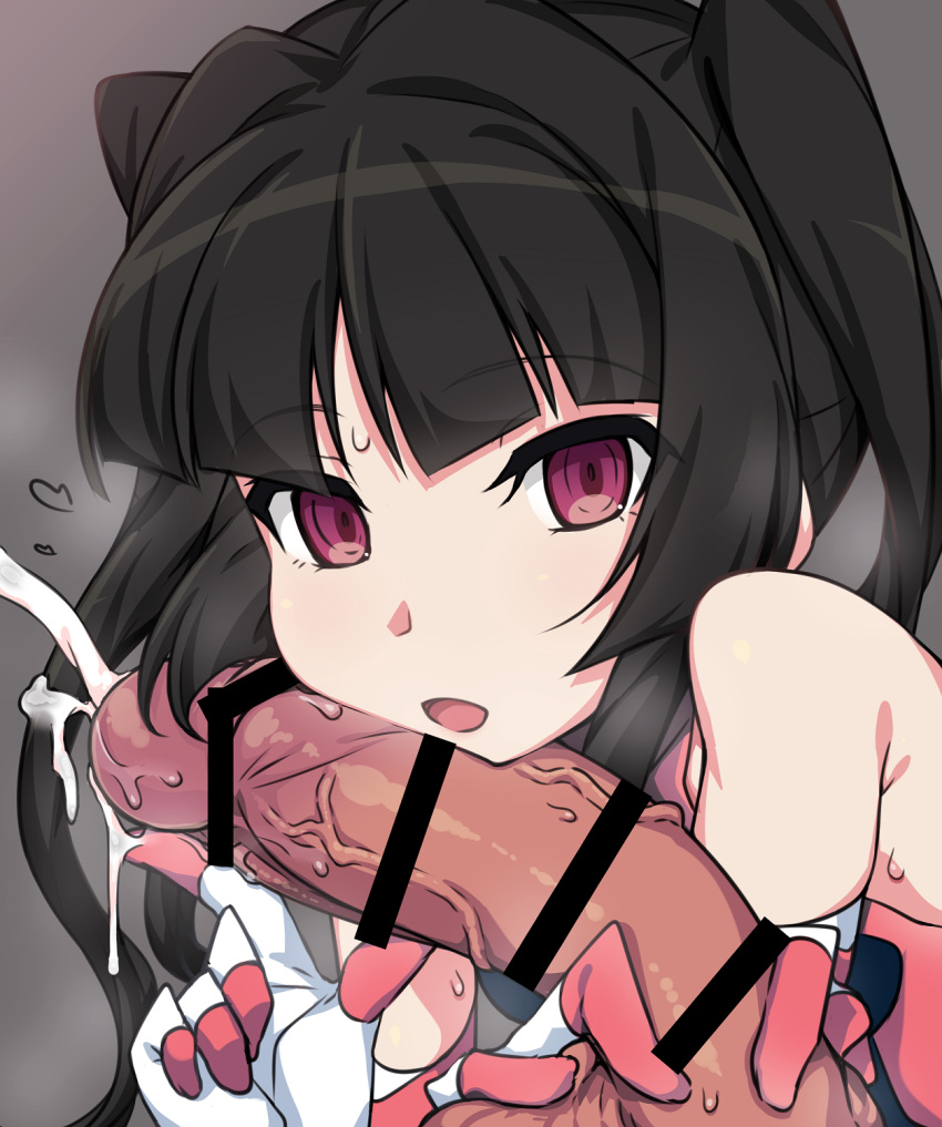 1boy 1girls bangs bar_censor black_hair censored cum ejaculation eyebrows_visible_through_hair facejob female grey_background highres kuro_mushi long_hair looking_at_viewer male open_mouth penis penis_on_face pink_eyes projectile_cum senki_zesshou_symphogear sidelocks solo_focus straight tsukuyomi_shirabe twintails veins veiny_penis