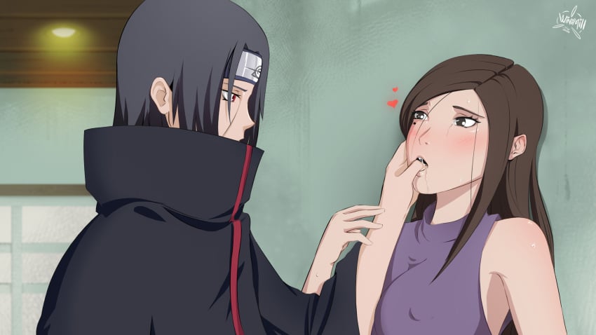 1boy 1boy1girl 1girls against_wall akatsuki_(naruto) big_breasts black_eyes black_hair blush breasts brown_hair cleavage cloak drooling erect_nipples female forehead_protector headband high_collar long_hair male mole mole_under_eye naruto naruto_(series) naruto_shippuden nipple_bulge nipples oral red_eyes sharingan shirt sleeveless sleeveless_shirt thumb_in_mouth thumb_sucking uchiha_itachi uchiha_izumi upper_body visible_nipples windmill_(artist)