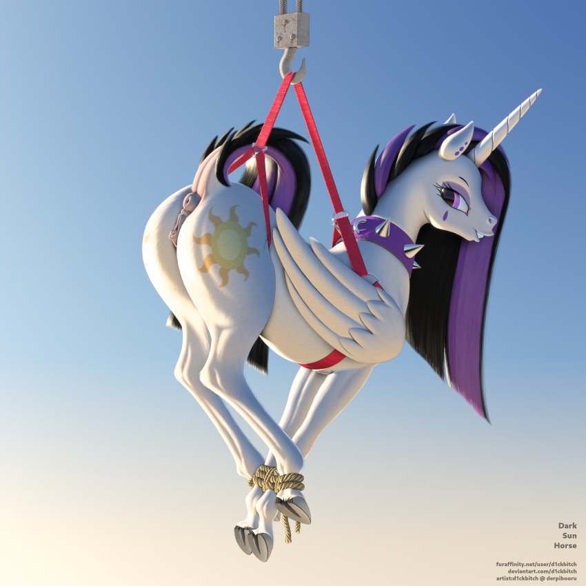 1:1 absurd_res alicorn animal_genitalia animal_pussy anus ass caelacanthe clitoris collar dock english_text equid equine_pussy eyebrows eyelashes female feral friendship_is_magic genitals hasbro hi_res horn looking_at_viewer mammal my_little_pony princess_celestia_(mlp) profanity pussy rope spiked_collar spikes suspension text url wings